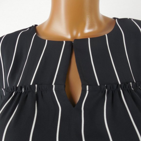 ANN TAYLOR Top M Striped Blouse Keyhole Front Long Sleeves Black/White Shirt - Picture 4 of 10